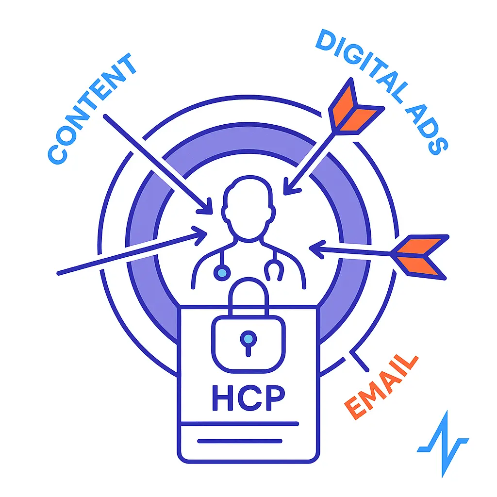A minimalistic line art illustration of a bullseye target with a healthcare professional silhouette at the center, with arrows labeled Content, Digital Ads, and Email pointing toward the HCP, on a white background.