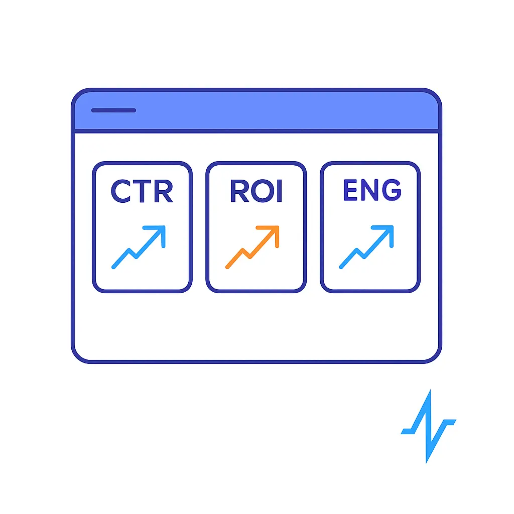 A minimalistic line art dashboard displaying three KPI cards labeled “CTR,” “ROI,” and “engagement,” each with an upward arrow, and a small solid blue Pulse Health icon in the bottom right corner.