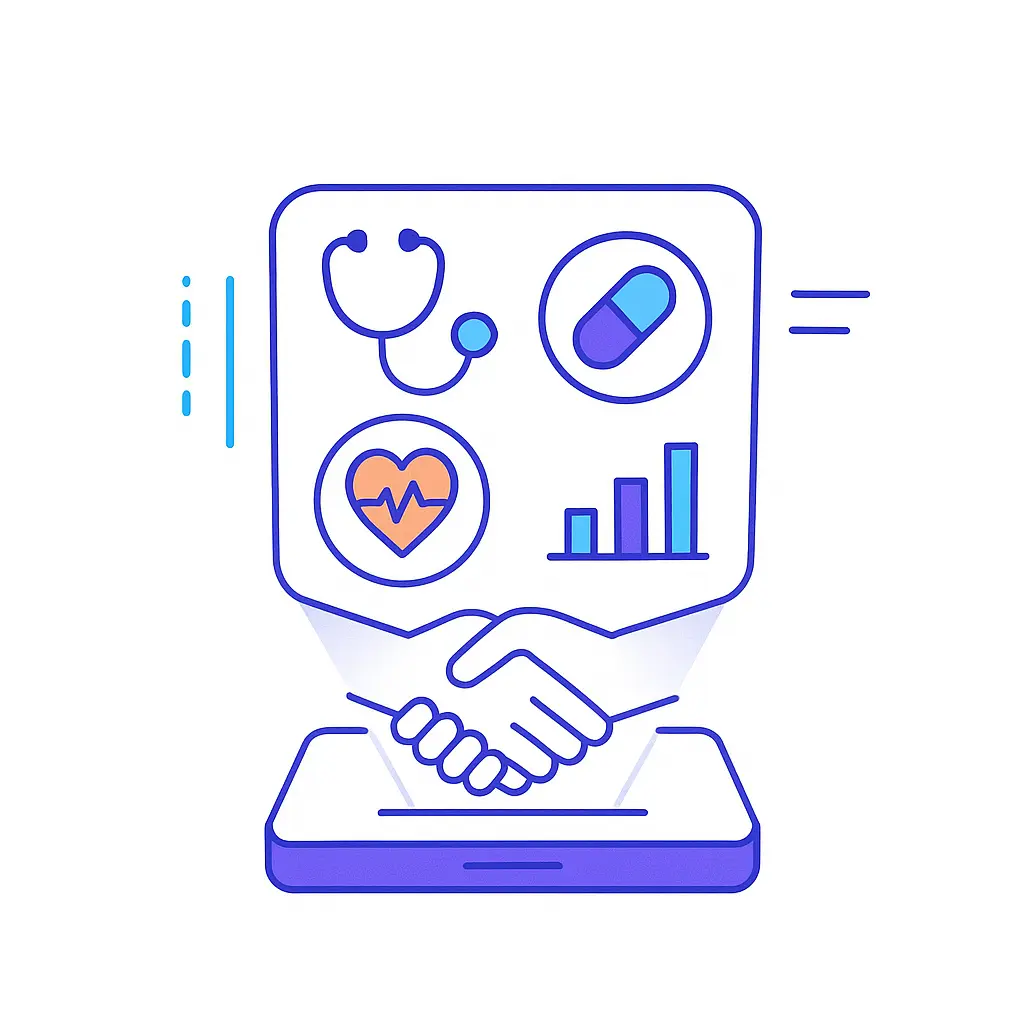 Minimalistic line art of a futuristic device projecting holographic medical icons and data streams on a white background.