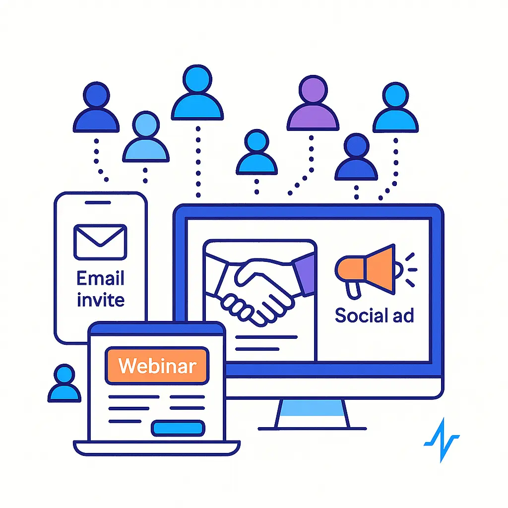 A modern line art illustration of a smartphone labeled “Email invite,” a laptop with “Webinar” registration, and a desktop screen showing a “Social ad,” all connected via dotted lines to HCP silhouette icons, with a small Pulse Health logo in the bottom right.