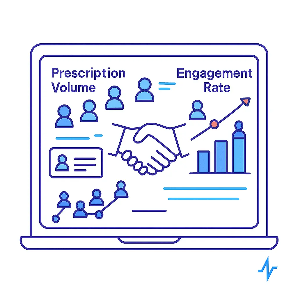 Minimalistic line art of a performance dashboard on a laptop screen with bar and line charts labeled “Prescription Volume,” “Engagement Rate,” and “Growth,” each data point topped by a small HCP silhouette, and a tiny Pulse Health icon in the bottom right.