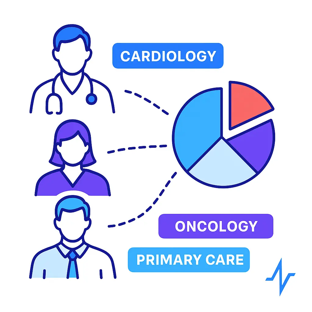 Three minimalistic line-art healthcare provider silhouettes—a stethoscope-armed physician at top, a nurse in the middle, and a clinician in business attire below—each linked by dashed lines to different colored slices of a pie chart labeled “Cardiology,” “Oncology,” and “Primary Care”.