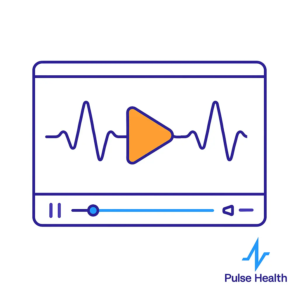 A minimalistic line art illustration of a video player interface showing a heartbeat waveform overlaid by an orange play button, with a solid blue Pulse Health logo in the bottom right corner on a white background.