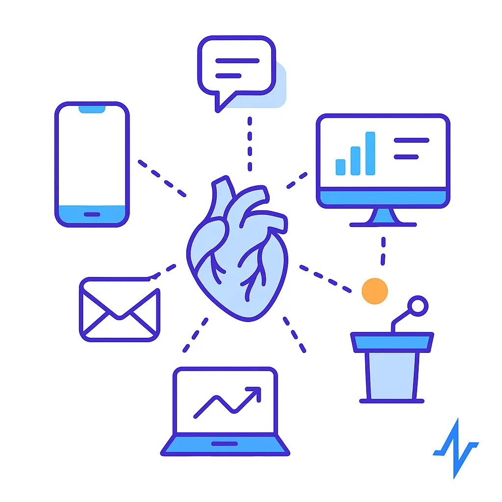 Minimalistic line art illustration showing a smartphone, laptop, email icon, webinar icon, and conference podium connected by dotted lines around a central human heart icon on a white background.
