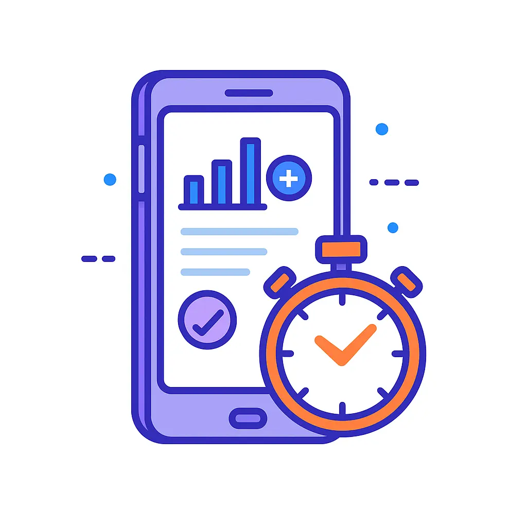 Minimalistic line art of a smartphone displaying a small infographic with bar chart, text lines, and a check icon, overlaid by an orange stopwatch icon on a white background.