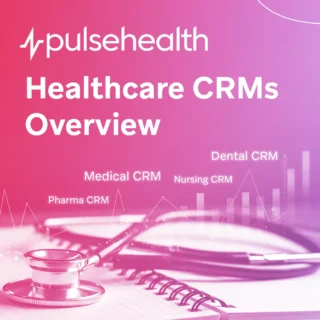 Banner illustration showing a central cloud labeled “Healthcare CRMs” connected to Medical CRM, Nursing CRM, Dental CRM, and Pharma CRM nodes, with Pulse Health logo on the Pharma CRM.