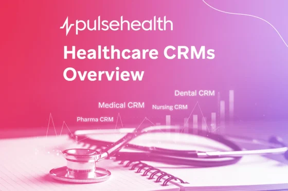 Banner illustration showing a central cloud labeled “Healthcare CRMs” connected to Medical CRM, Nursing CRM, Dental CRM, and Pharma CRM nodes, with Pulse Health logo on the Pharma CRM.