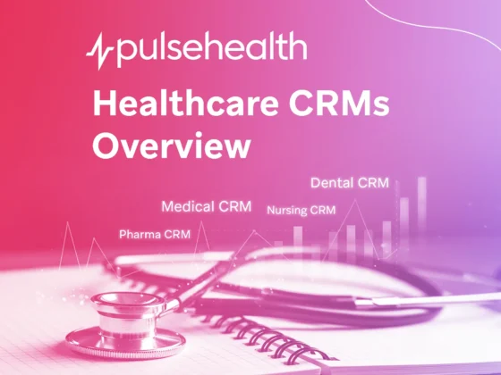 Banner illustration showing a central cloud labeled “Healthcare CRMs” connected to Medical CRM, Nursing CRM, Dental CRM, and Pharma CRM nodes, with Pulse Health logo on the Pharma CRM.