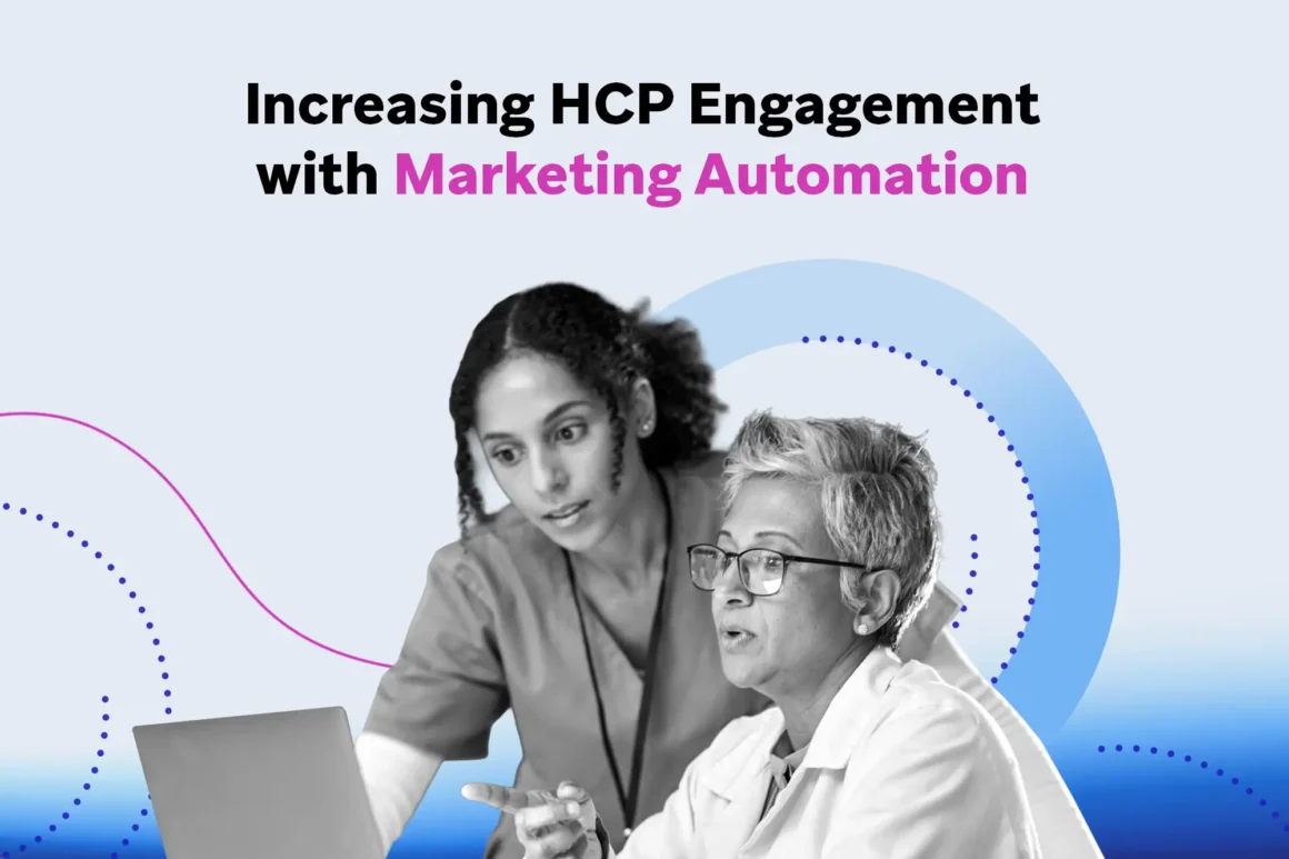 Two healthcare professionals—a nurse and a doctor—lean over a laptop together against a pale blue backdrop with dotted and solid circular accents, under a bold headline about marketing automation.