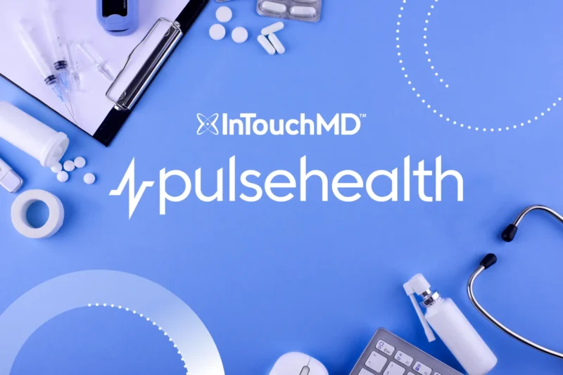 A flat lay of medical items—syringes, pills, stethoscope, clipboard, and keyboard—arranged on a blue surface with the InTouchMD logo above the new Pulse Health logo.