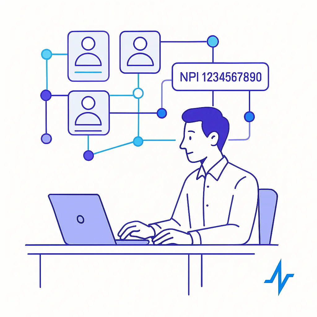 A professional sits at a desk typing on a laptop, with four profile icons connected by lines and nodes overhead, and a label “NPI 1234567890” linked to one profile.