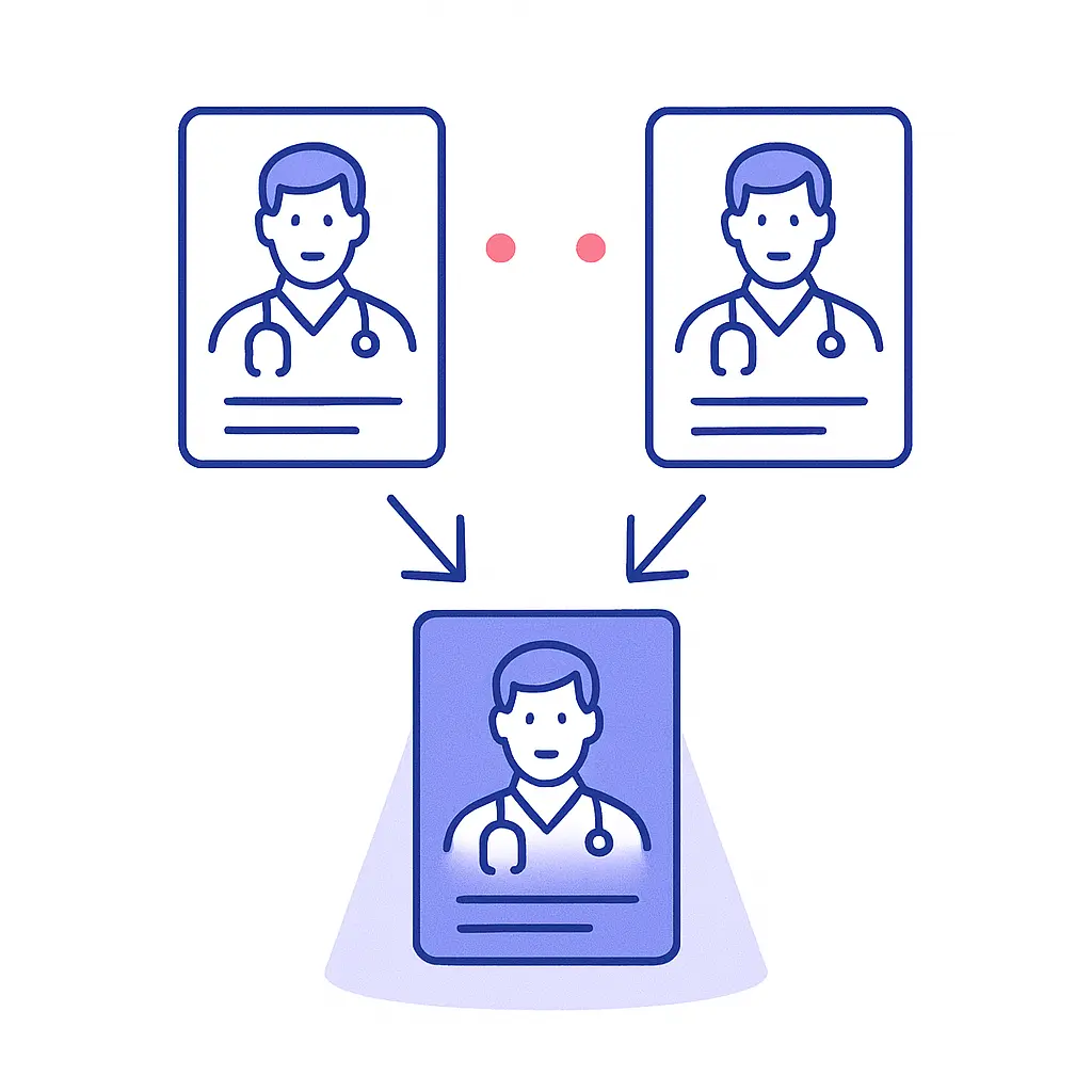Two identical provider profile cards are shown above a single highlighted profile card illuminated by a spotlight, with arrows pointing down to indicate consolidation.