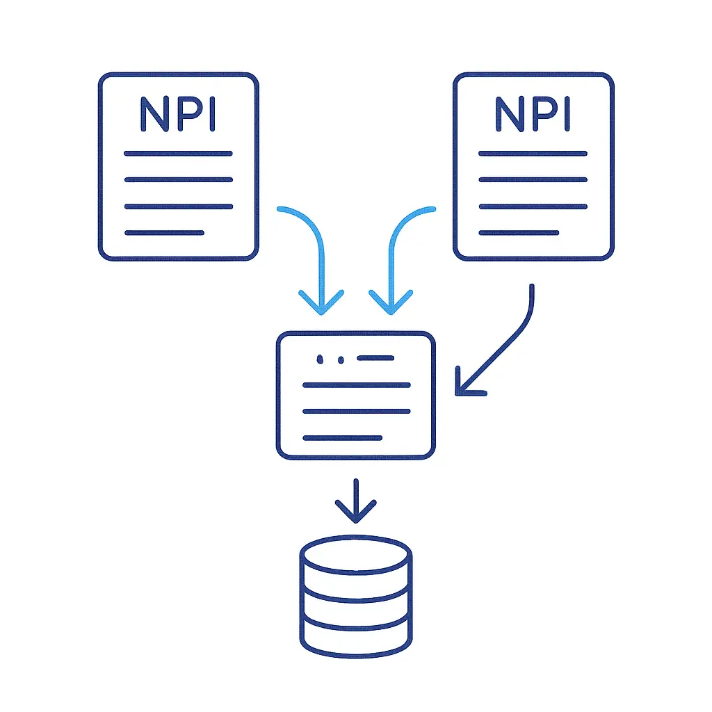 Three document icons labeled NPI feed into a central record box, which then outputs to a secure database cylinder below.