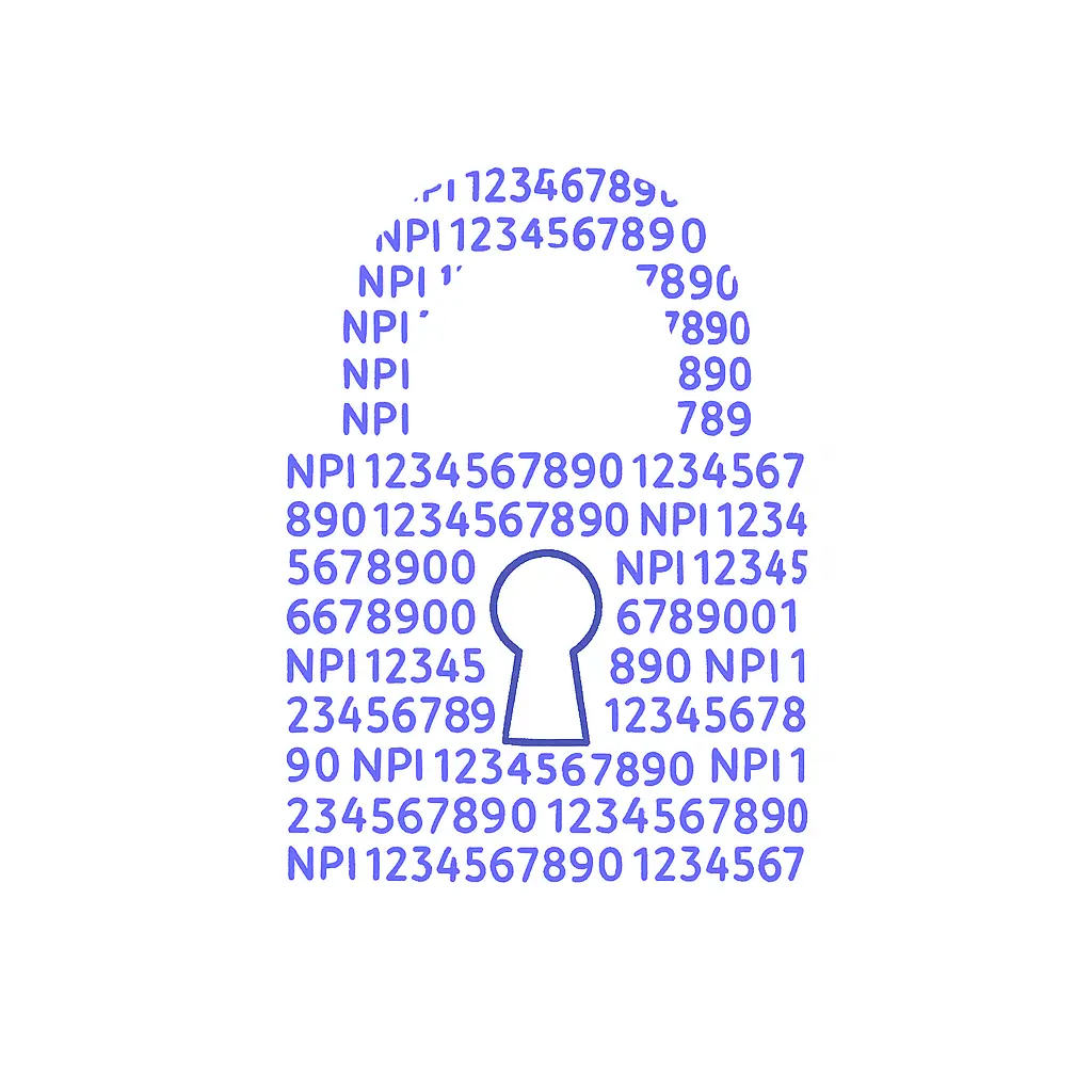 A lock silhouette is composed of rows of NPI numbers, with a keyhole shape cut out at its center on a white background.