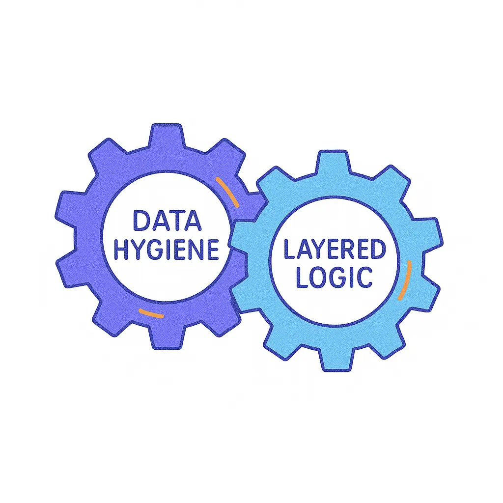 Two interlocked gear icons labeled Data Hygiene and Layered Logic mesh together on a plain white backdrop.