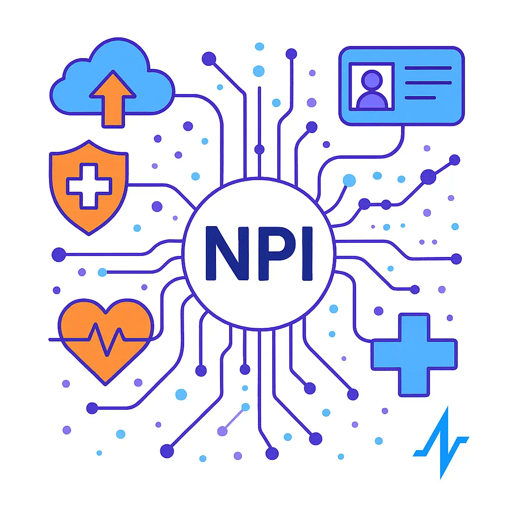A central circle labeled NPI radiates circuit-like lines to icons for cloud upload, medical shield, ID card, heart pulse, and cross.