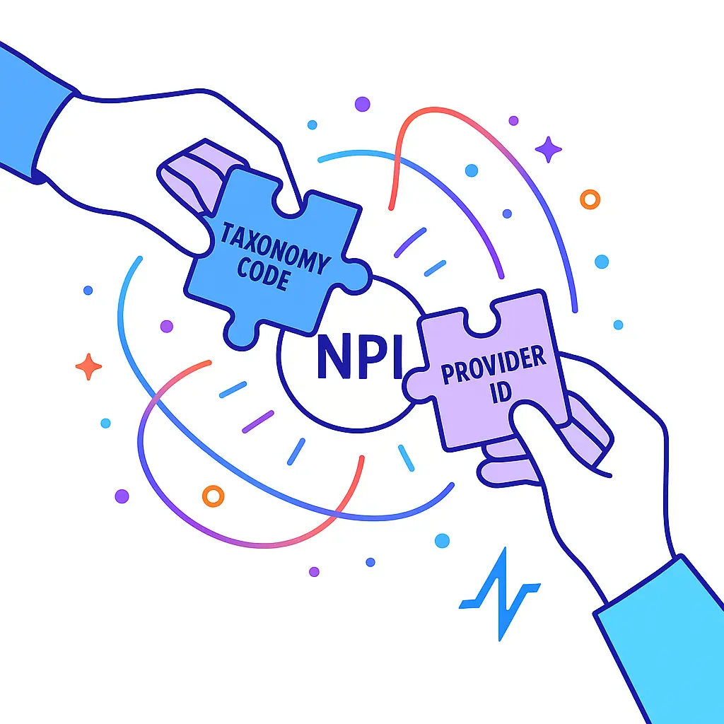 Two hands each hold a puzzle piece labeled Taxonomy Code and Provider ID, fitting them together around a glowing NPI circle.