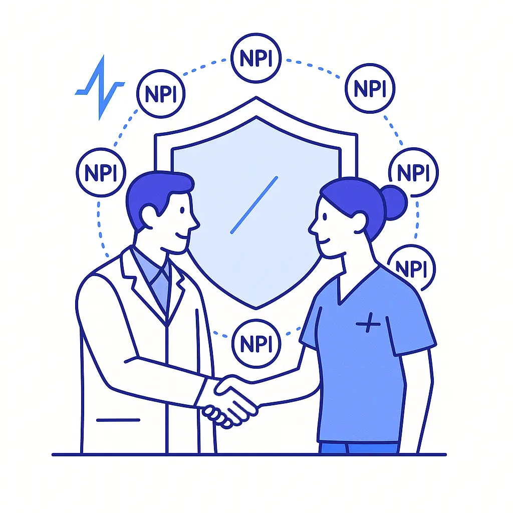 A doctor and a nurse shake hands in front of a large shield icon, surrounded by floating NPI tokens in a halo.