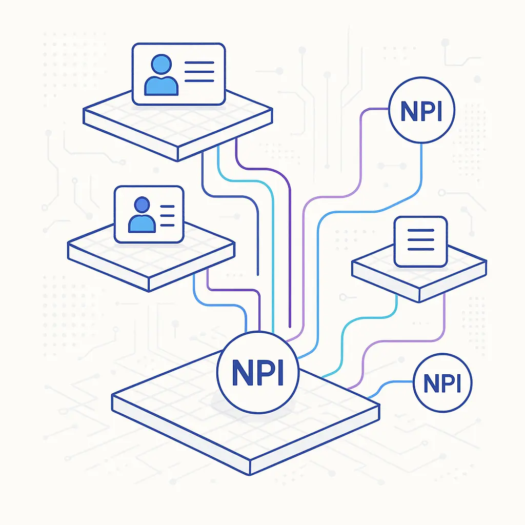 Multiple isometric platform layers connected by colored lines to an NPI circle and additional NPI nodes, with digital grid patterns in the background