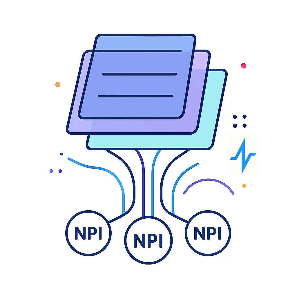 Stacked document panels at top feed into three NPI circles below via colored data streams on a white backdrop