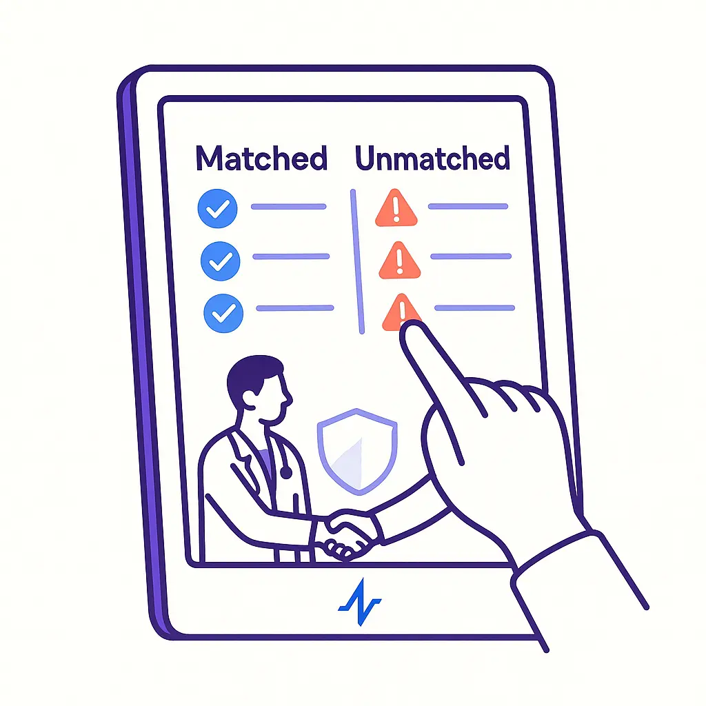 A tablet screen shows two columns of entries with blue checkmarks on the left and red warning triangles on the right as a hand taps an unmatched item.