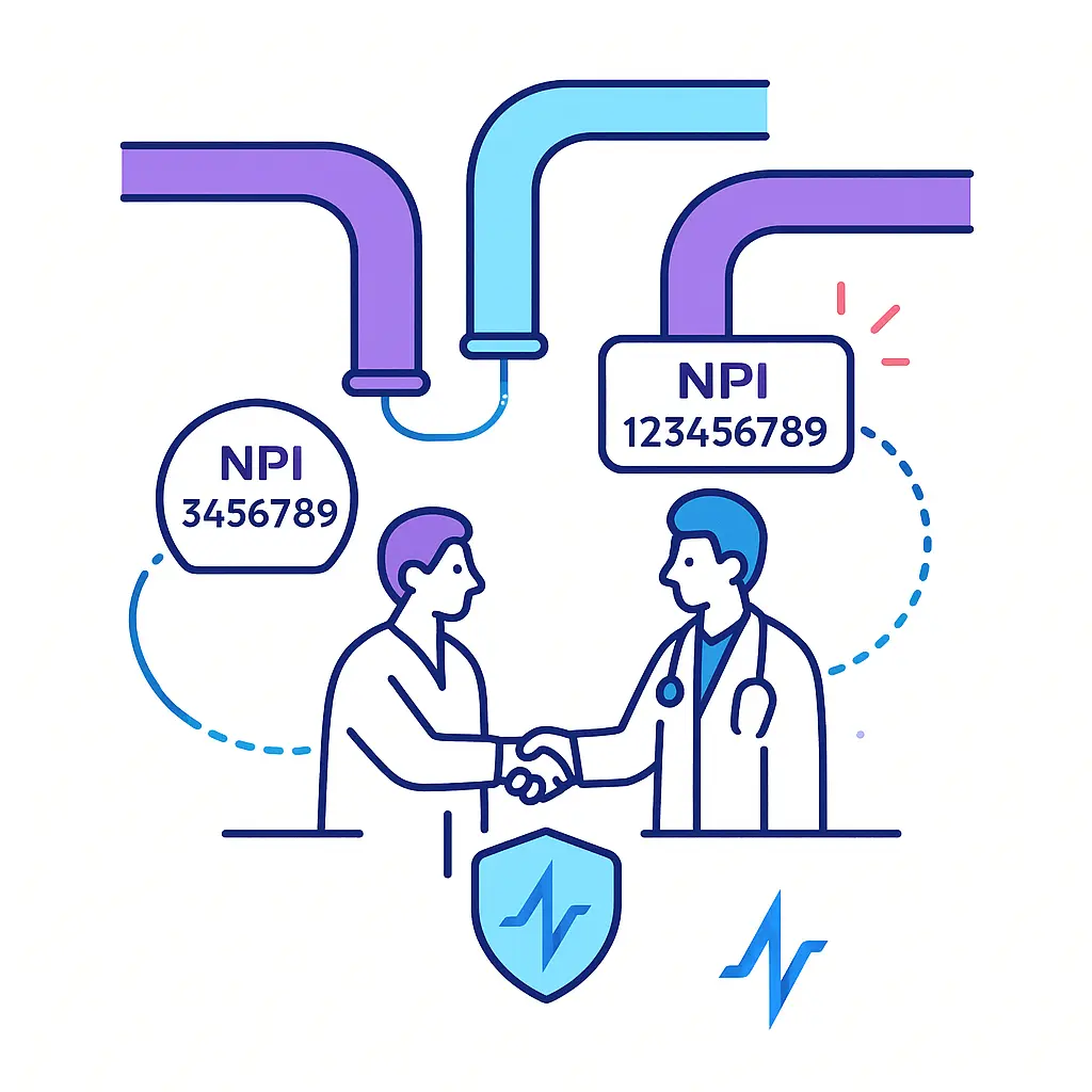 Colored pipelines feed into two clinicians shaking hands over a shield icon, with dashed lines connecting speech bubbles labeled NPI 3456789 and NPI 123456789.