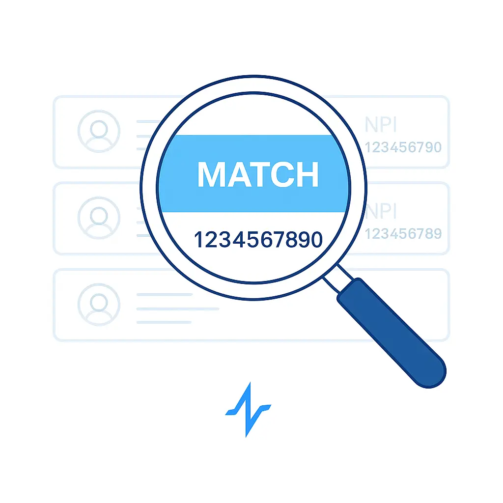 A magnifying glass enlarges a highlighted row reading MATCH 1234567890 against a faded background of provider entries and identifier labels, with a heartbeat mark below.