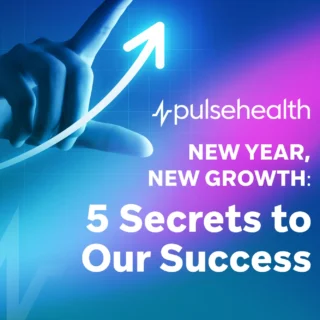 Finger pointing along an upward arrow graphic on a blue-purple gradient, accompanied by the text “New Year, New Growth: 5 Secrets to Our Success” and the Pulse Health logo.