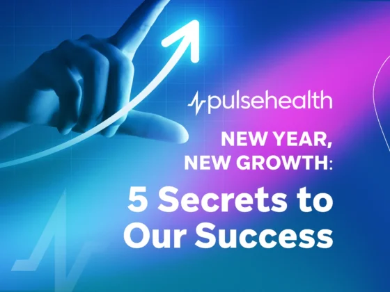 Finger pointing along an upward arrow graphic on a blue-purple gradient, accompanied by the text “New Year, New Growth: 5 Secrets to Our Success” and the Pulse Health logo.