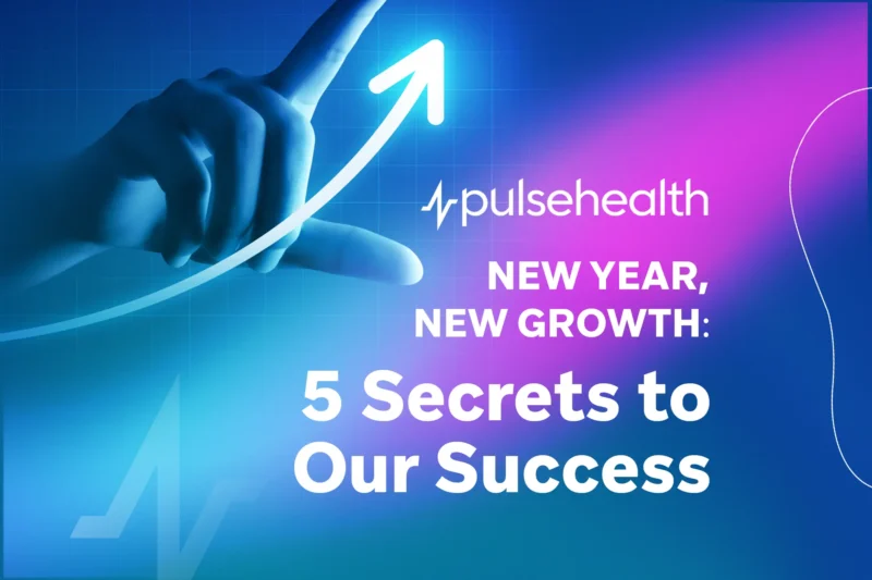 Finger pointing along an upward arrow graphic on a blue-purple gradient, accompanied by the text “New Year, New Growth: 5 Secrets to Our Success” and the Pulse Health logo.