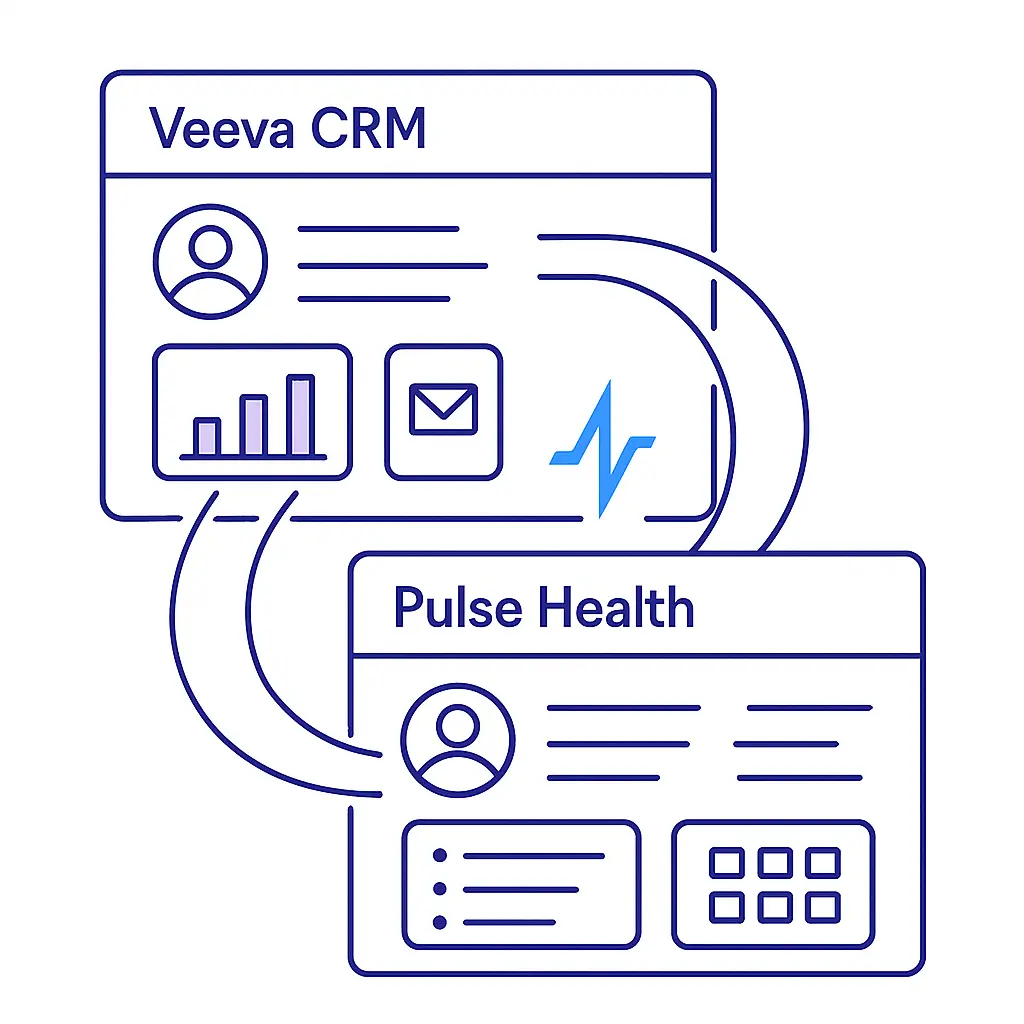 Minimal line-art illustration showing connected Pulse Health and Veeva CRM panels with a blue Pulse Health logo in the center.