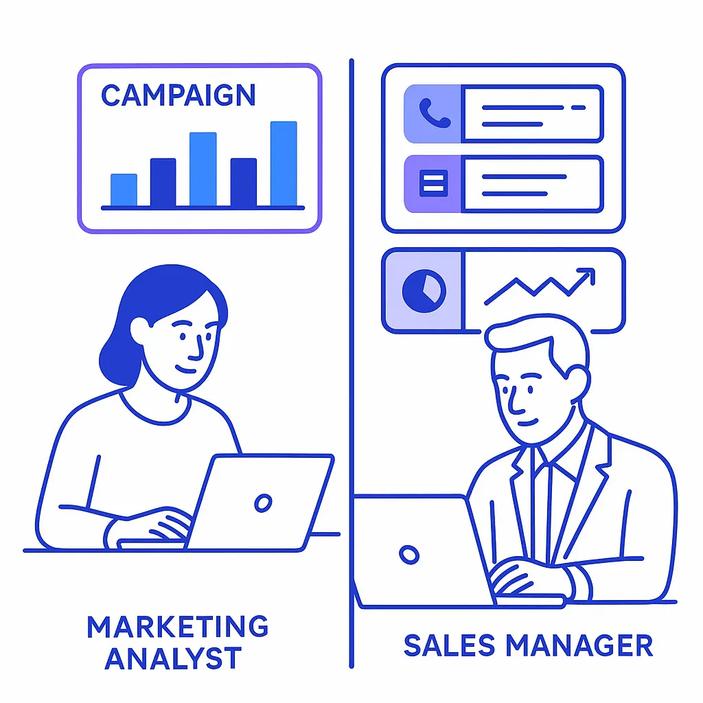A marketing analyst and sales manager sit side-by-side using Pulse Health dashboards—one with campaign charts, the other with engagement KPIs.