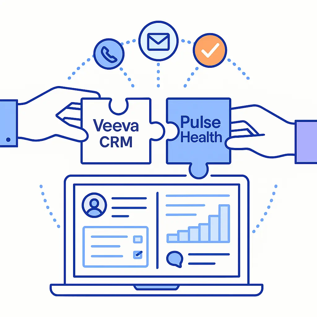 Two hands connect labeled puzzle pieces “Veeva CRM” and “Pulse Health” above a CRM dashboard with communication icons.