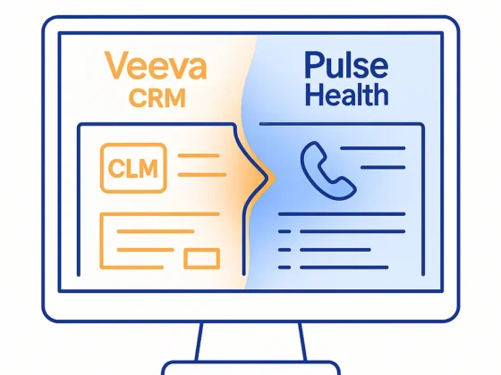 A computer screen split into two halves, one showing Veeva CRM with CLM features, the other showing Pulse Health with telephony tools and AI summaries.