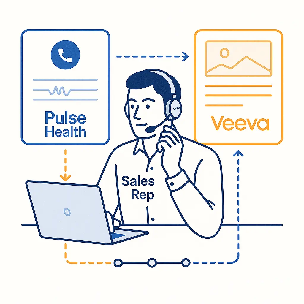 A sales rep on a call, flanked by Pulse Health and Veeva UI panels, with arrows and a shared timeline connecting them.