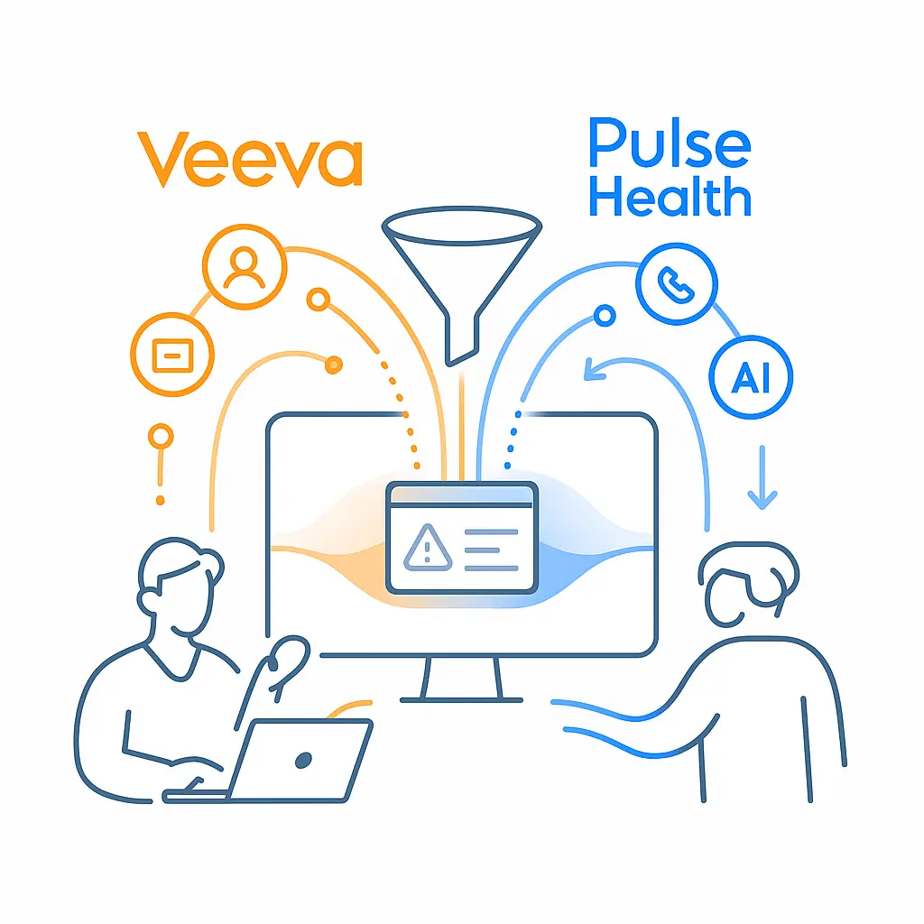 Orange and blue data streams from Veeva and Pulse Health flow into a central funnel, feeding a dashboard displaying alerts and summaries.