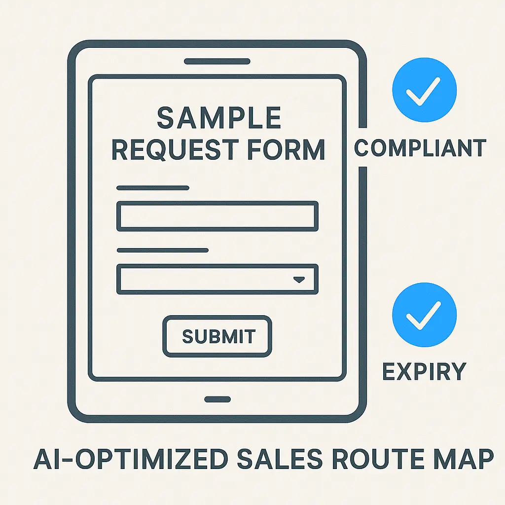 A digital tablet shows a sample request form with floating checkmarks labeled “Compliant” and “Expiry” for validation.