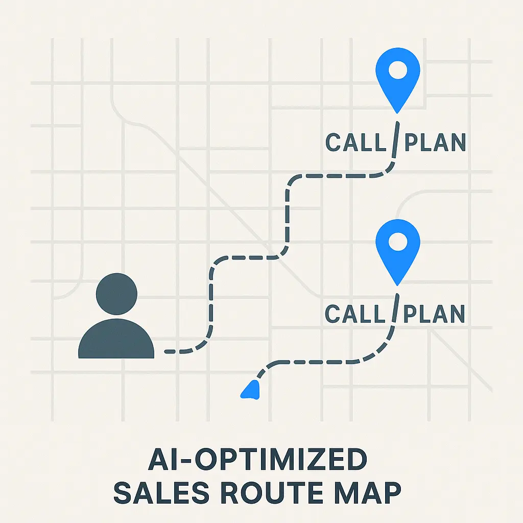 Square-format map showing a sales rep’s optimized route to two call plan locations with a clear dashed line path.