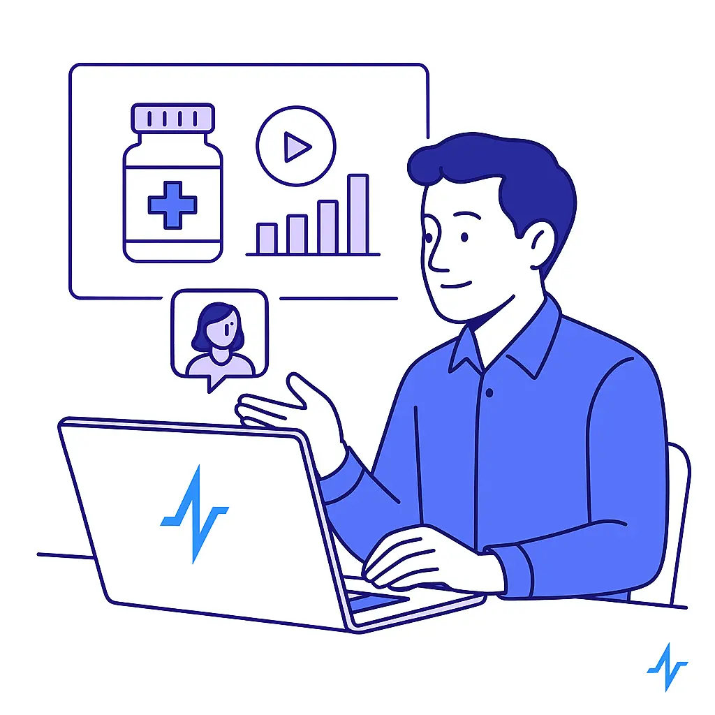 Illustrated pharma sales rep launching a presentation on a video call using Pulse Health on a laptop.