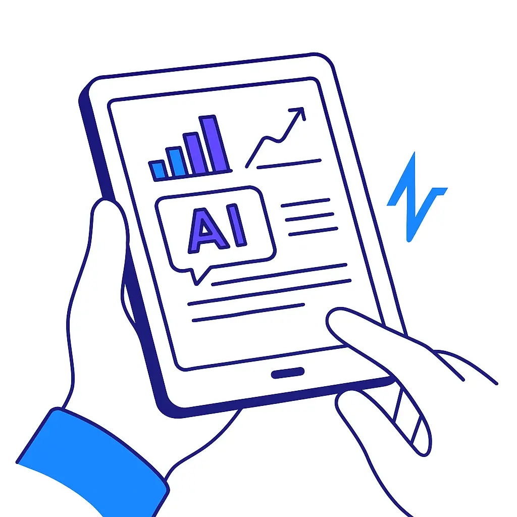 A rep holds a tablet displaying AI-generated summaries and charts with a Pulse Health logo near the screen edge.