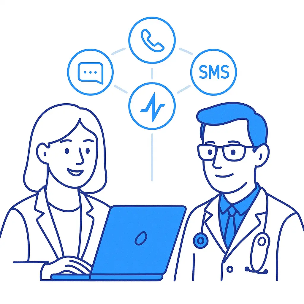 An HCP and sales rep interact online, surrounded by voice, SMS, and chat icons, with the Pulse Health logo centered in a communication hub.