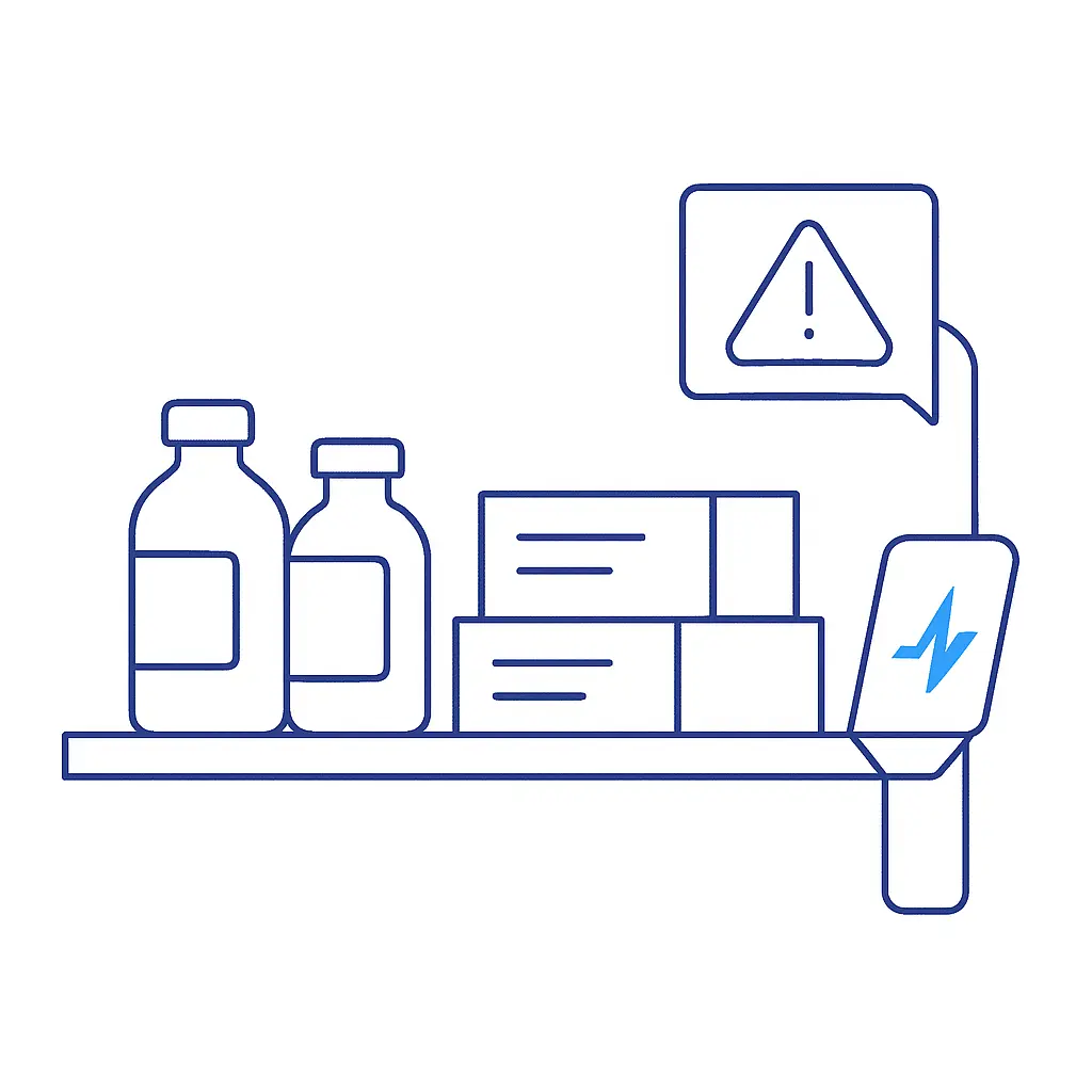 Line-art illustration of a pharmacy shelf with medicine bottles, boxes, and a scanner showing a compliance alert with the Pulse Health logo.