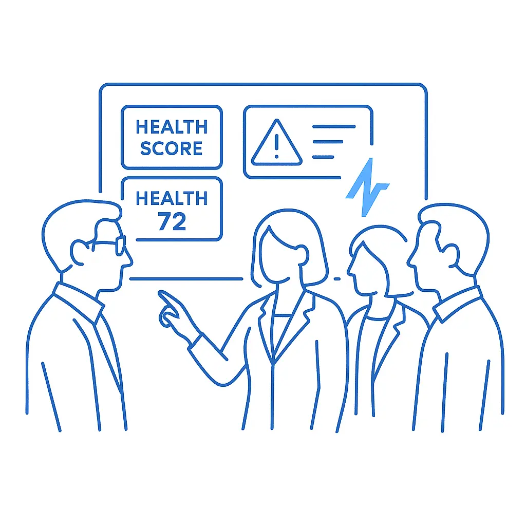 A pharma team discusses predictive health scores and an alert icon on a digital whiteboard with a Pulse Health logo nearby.