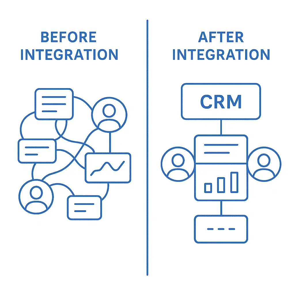 Side-by-side comparison showing disorganized CRM systems before integration and a streamlined centralized flow after.