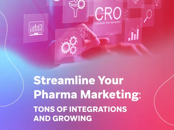 Pink-to-purple gradient background with line-art pharma marketing icons and the text “Streamline Your Pharma Marketing: Tons of Integrations and Growing.”