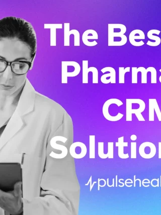 A black-and-white portrait of a lab professional in a white coat and glasses reviewing a tablet is set against a vibrant purple-to-blue gradient, with large white headline text beside them.