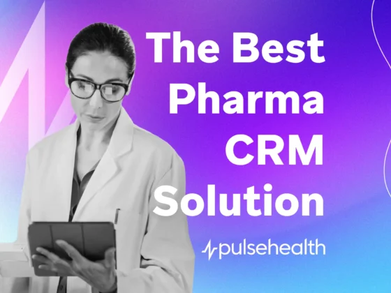 A black-and-white portrait of a lab professional in a white coat and glasses reviewing a tablet is set against a vibrant purple-to-blue gradient, with large white headline text beside them.