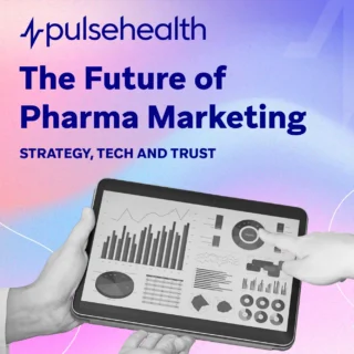 Pulse Health banner showing hands holding a tablet with marketing analytics charts against a pink-and-blue gradient background.