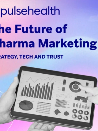Pulse Health banner showing hands holding a tablet with marketing analytics charts against a pink-and-blue gradient background.