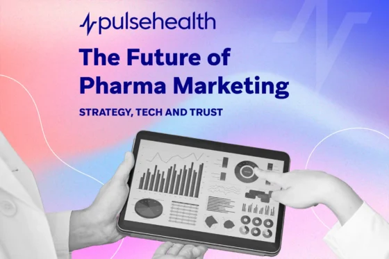 Pulse Health banner showing hands holding a tablet with marketing analytics charts against a pink-and-blue gradient background.